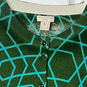 J. Crew Green Cardigan with Teal Geometric Detail